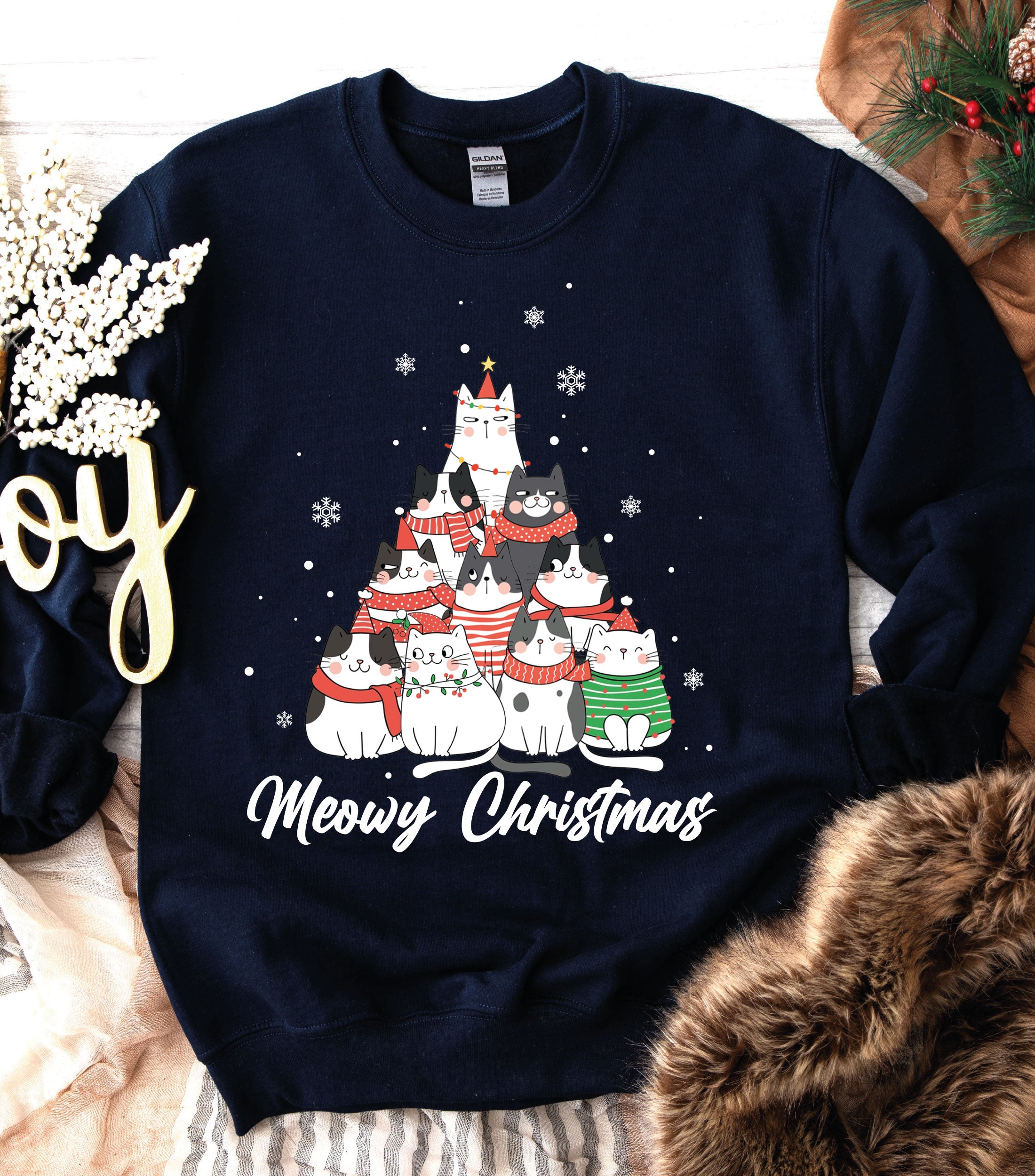 Merry Catmas Christmas Snow & Tree Sweatshirt – Funny Family Holiday Jumper, Meowy Christmas Pullover for Cat Lovers.