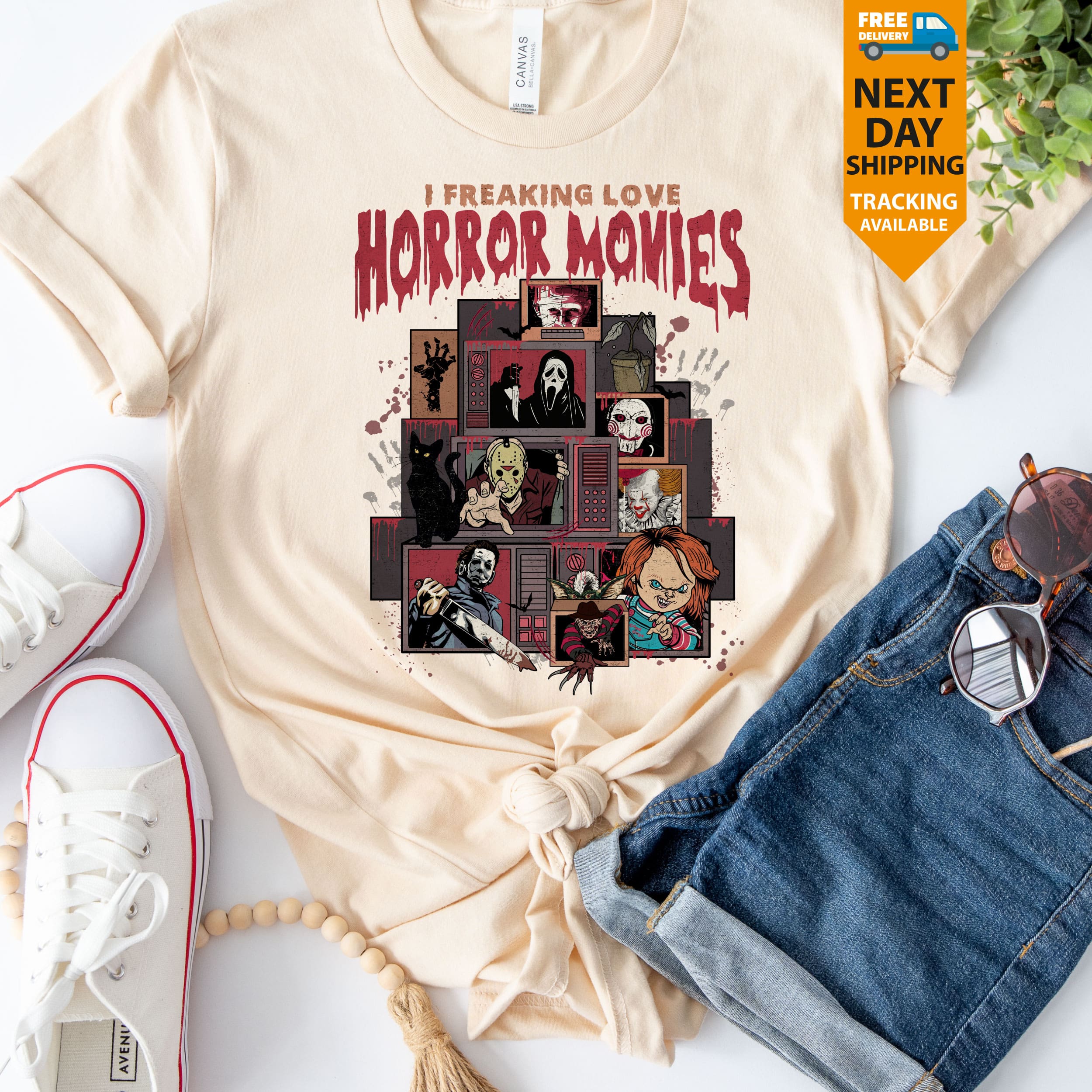I Freaking Love Horror Movies T-Shirt | Emo Horror Tee | Funny Halloween Shirt | Scary Movie Graphic Tee | Spooky Halloween Top