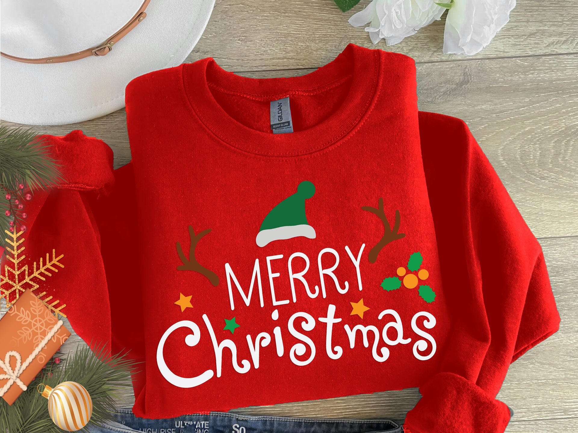 Reindeer Santa Hat Merry Christmas Unisex Sweatshirt - Cozy Holiday Graphic Pullover
