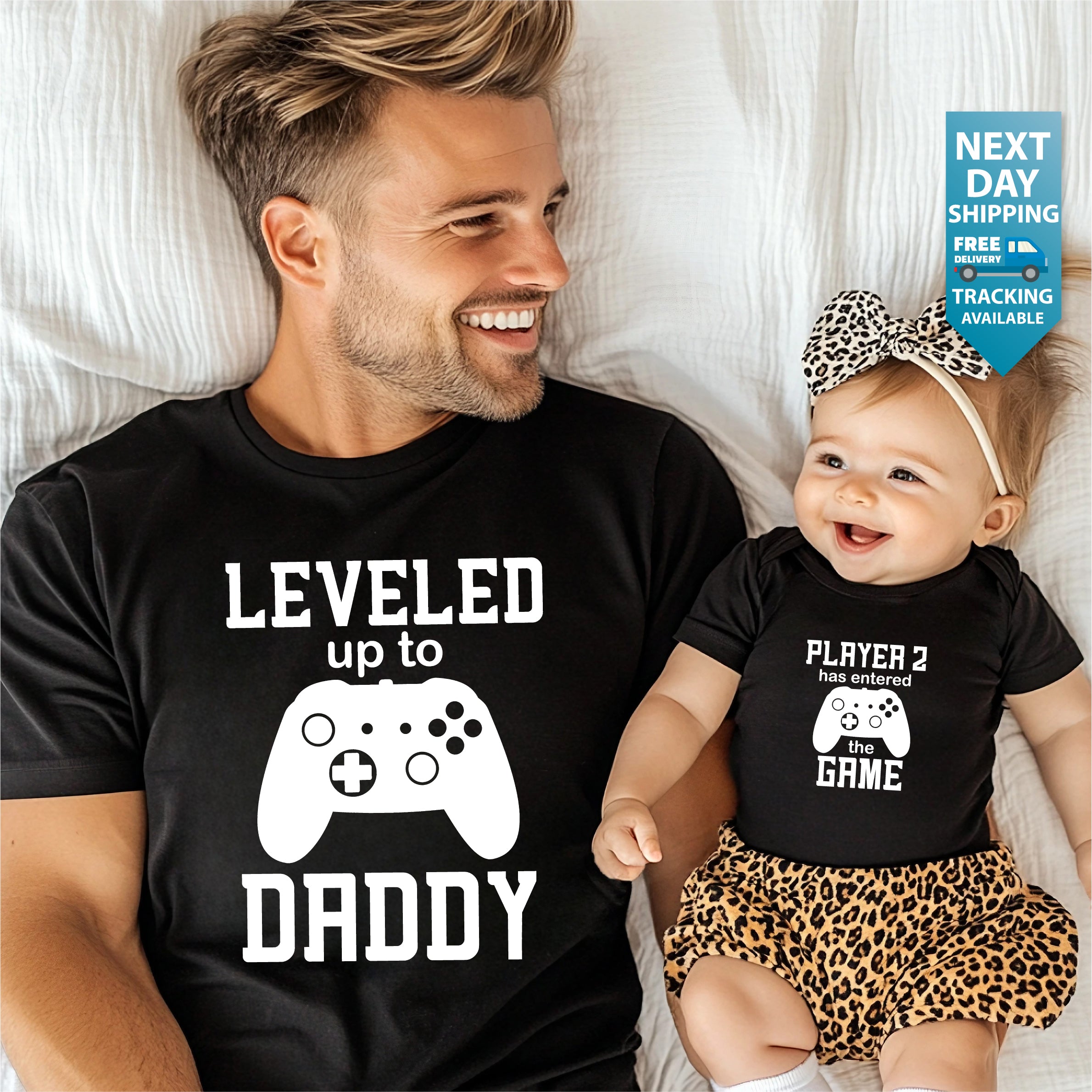 Leveled Up To Dad & Son Matching T-Shirts for Father's Day, Baby Announcement Gift for Dad, New Dad Shirt, Dad and Baby Matching Outfit