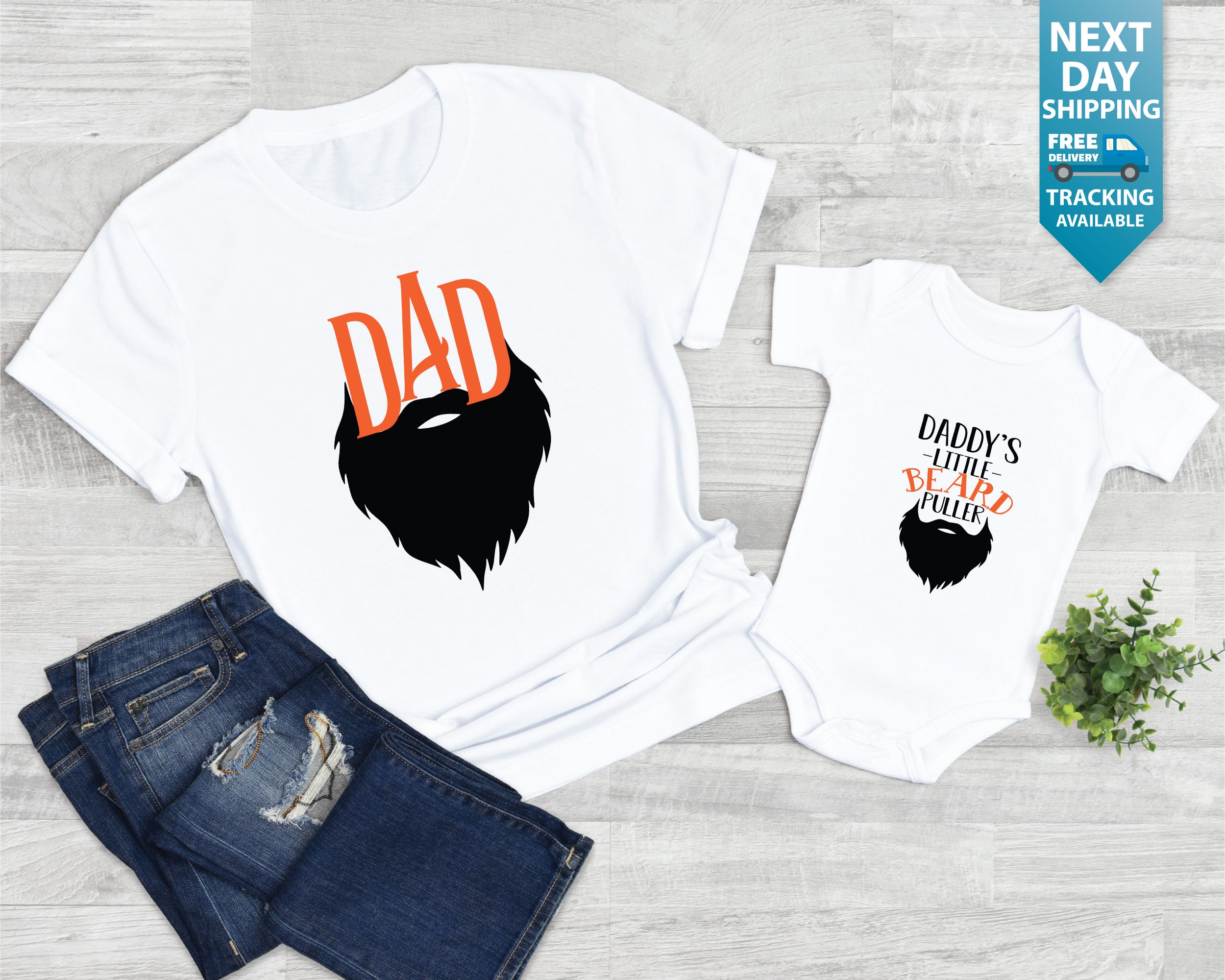Beardy Daddy & Little Beard Puller Matching Set - New Dad Gift, Dad & Baby Son Bodysuit, Babygrow, Shirt, T-shirt Matching Gift Set for Father & Child