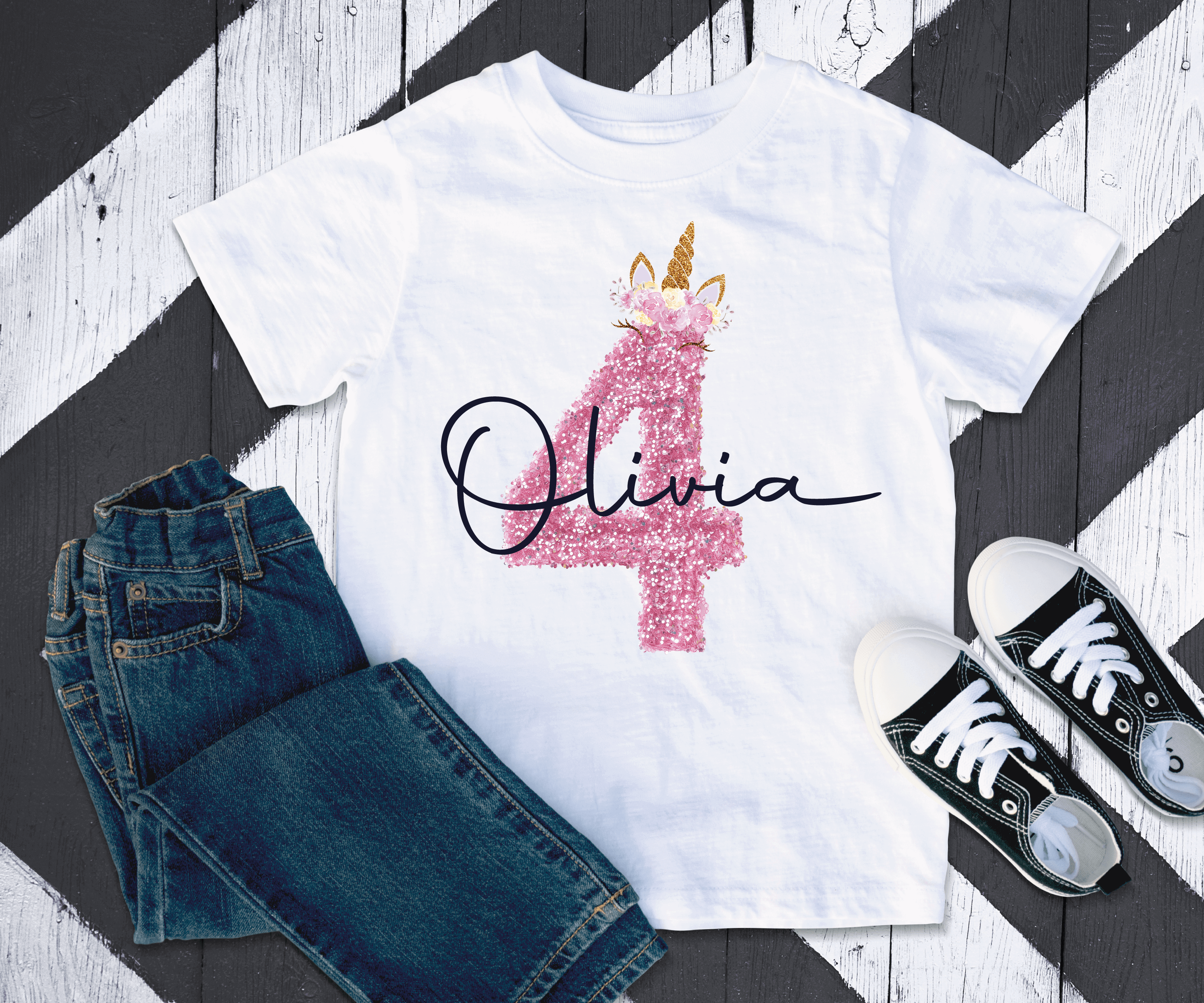 Personalised 4th Unicorn Birthday T-Shirt - Custom Name & Age | Rainbow Design for Kids | Perfect Birthday Gift | Any Name, Any Age-White-Kids: 1-2 Years