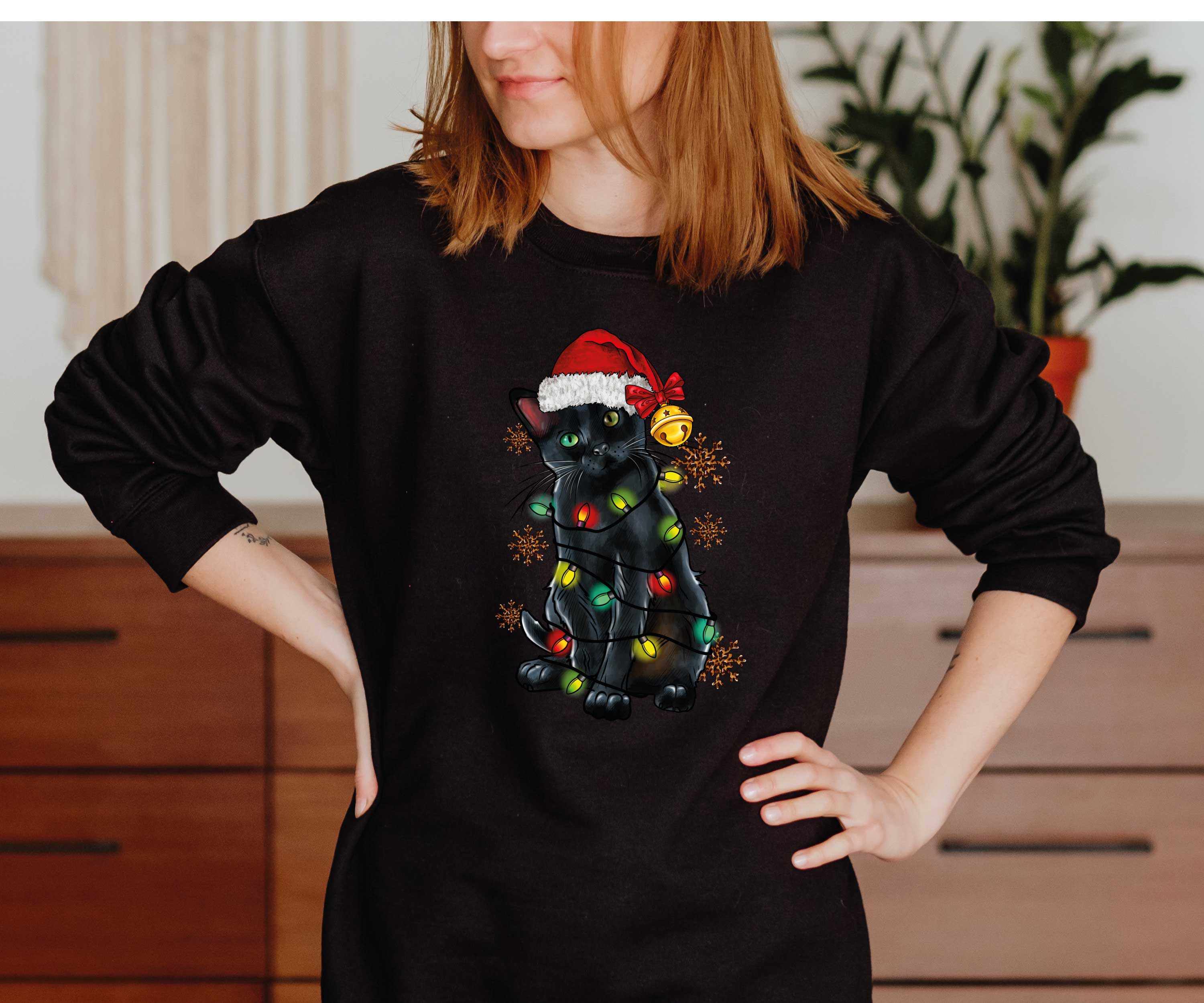 Christmas Black Cat Lovers Sweatshirt - Cozy Holiday Cat Sweatshirt for Cat Moms & Dads