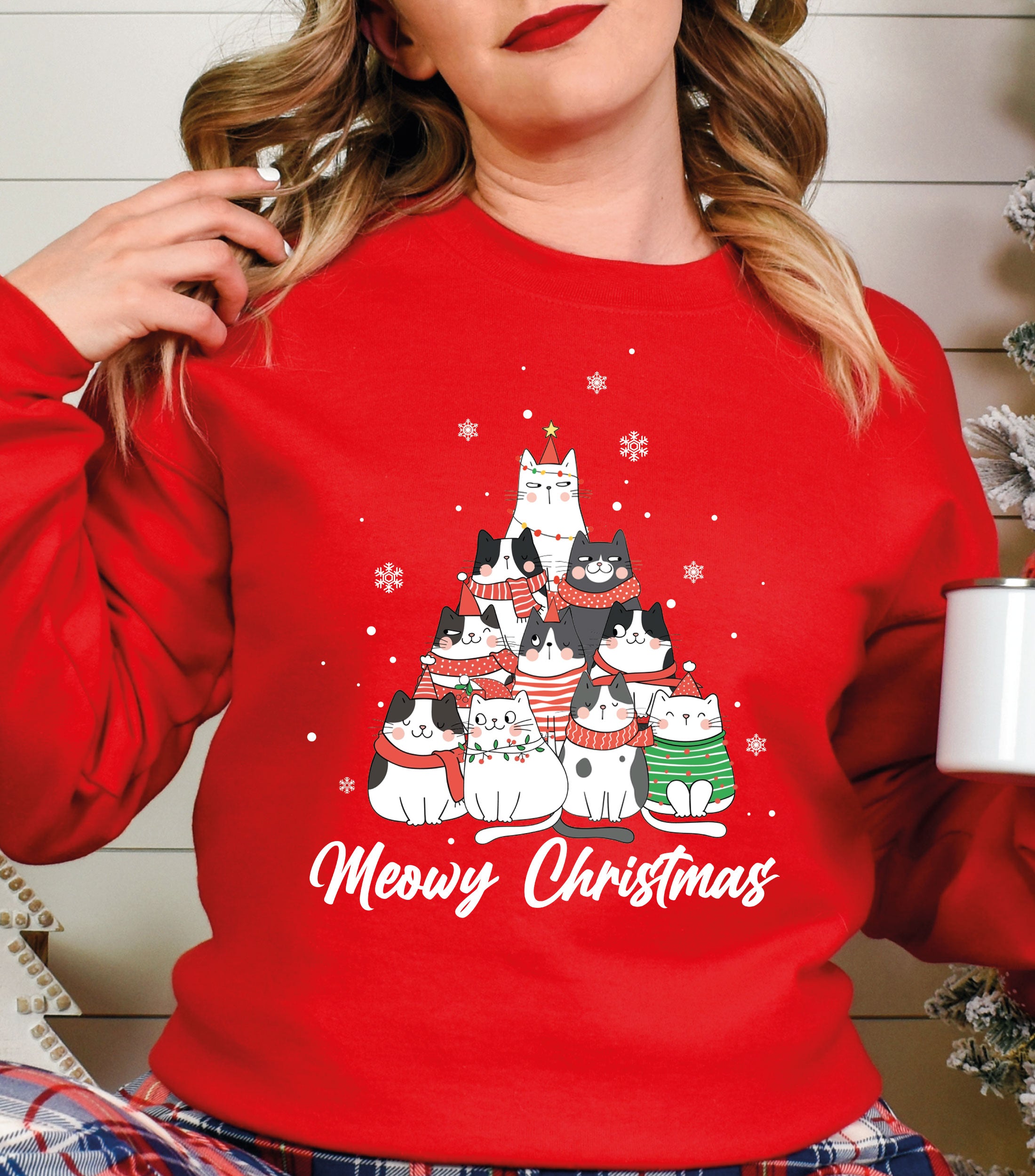 Merry Catmas Christmas Snow & Tree Sweatshirt – Funny Family Holiday Jumper, Meowy Christmas Pullover for Cat Lovers.