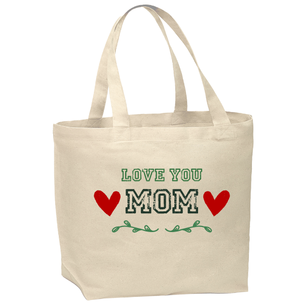 Love You Mom Tote Bag – Organic Oversized Shoulder Bag, Custom Text or Photo, Personalized Gift for Mom, Mother's Day Gift
