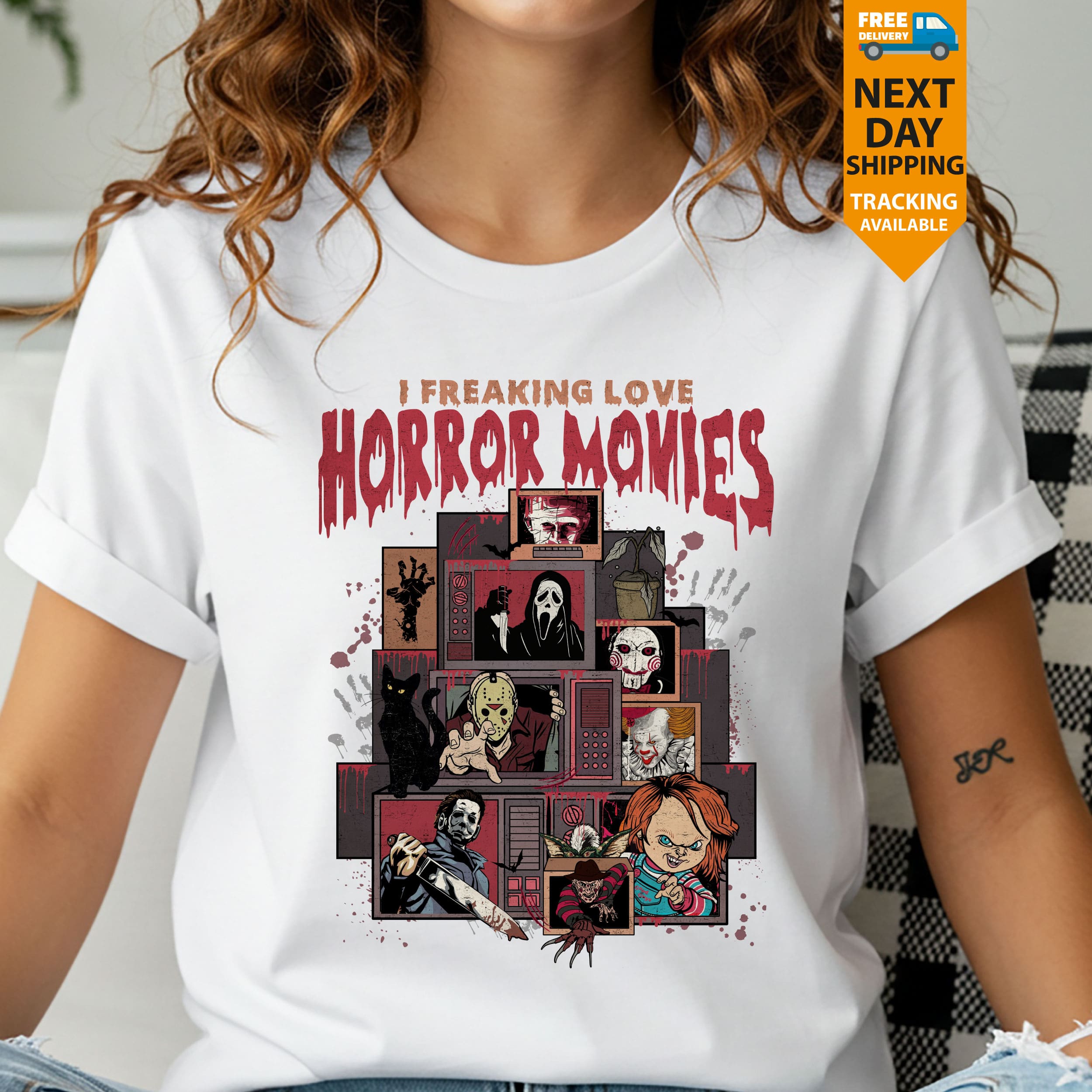 I Freaking Love Horror Movies T-Shirt | Emo Horror Tee | Funny Halloween Shirt | Scary Movie Graphic Tee | Spooky Halloween Top