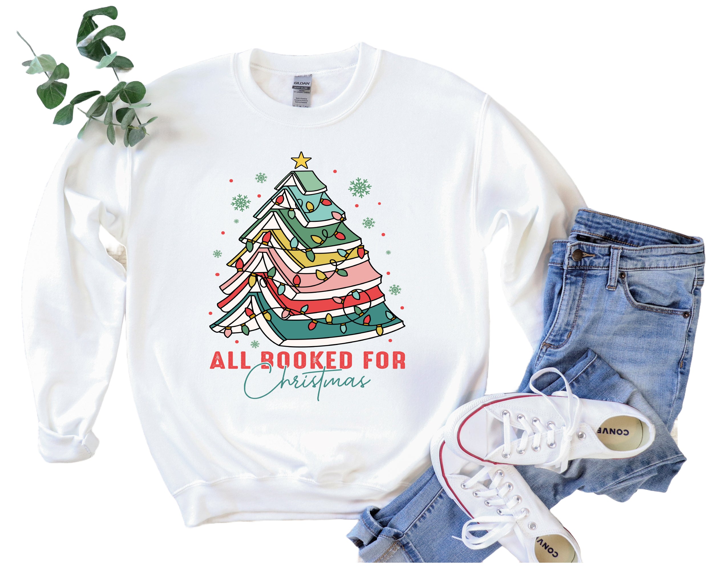 All Booked for Christmas | Cozy Christmas Book Tree Sweater for Librarians & Book Lovers | Holiday Bookworm Sweatshirt