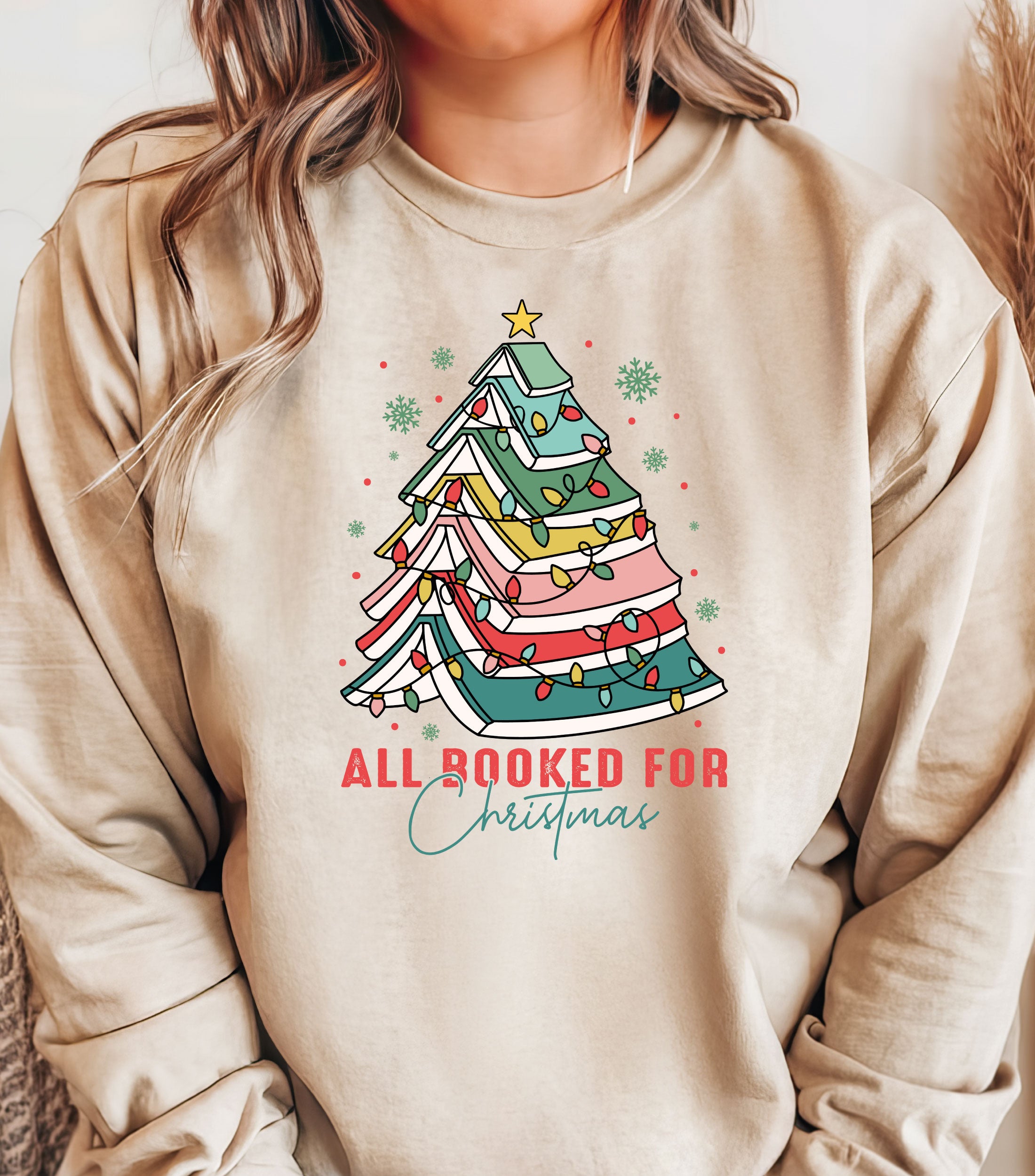 All Booked for Christmas | Cozy Christmas Book Tree Sweater for Librarians & Book Lovers | Holiday Bookworm Sweatshirt