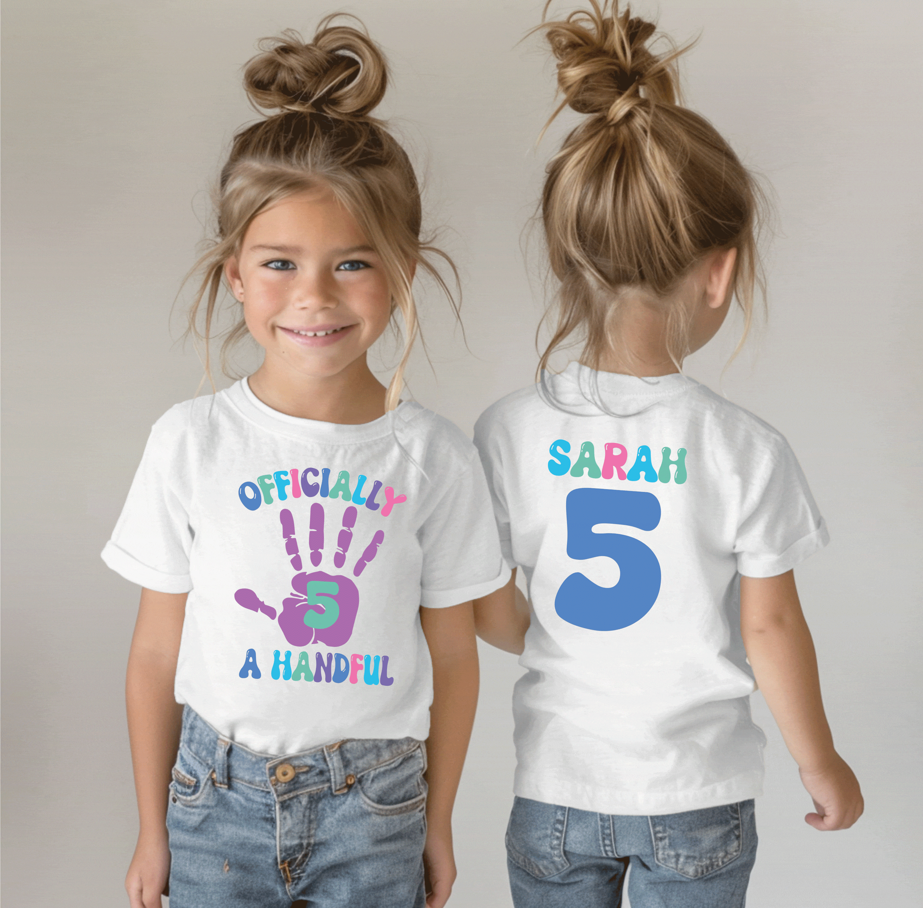 Girls 5th Birthday Shirt - Officially a Handful, Custom Name Fifth Birthday Tee, Perfect for 5 Year Olds, Personalized Gift Idea