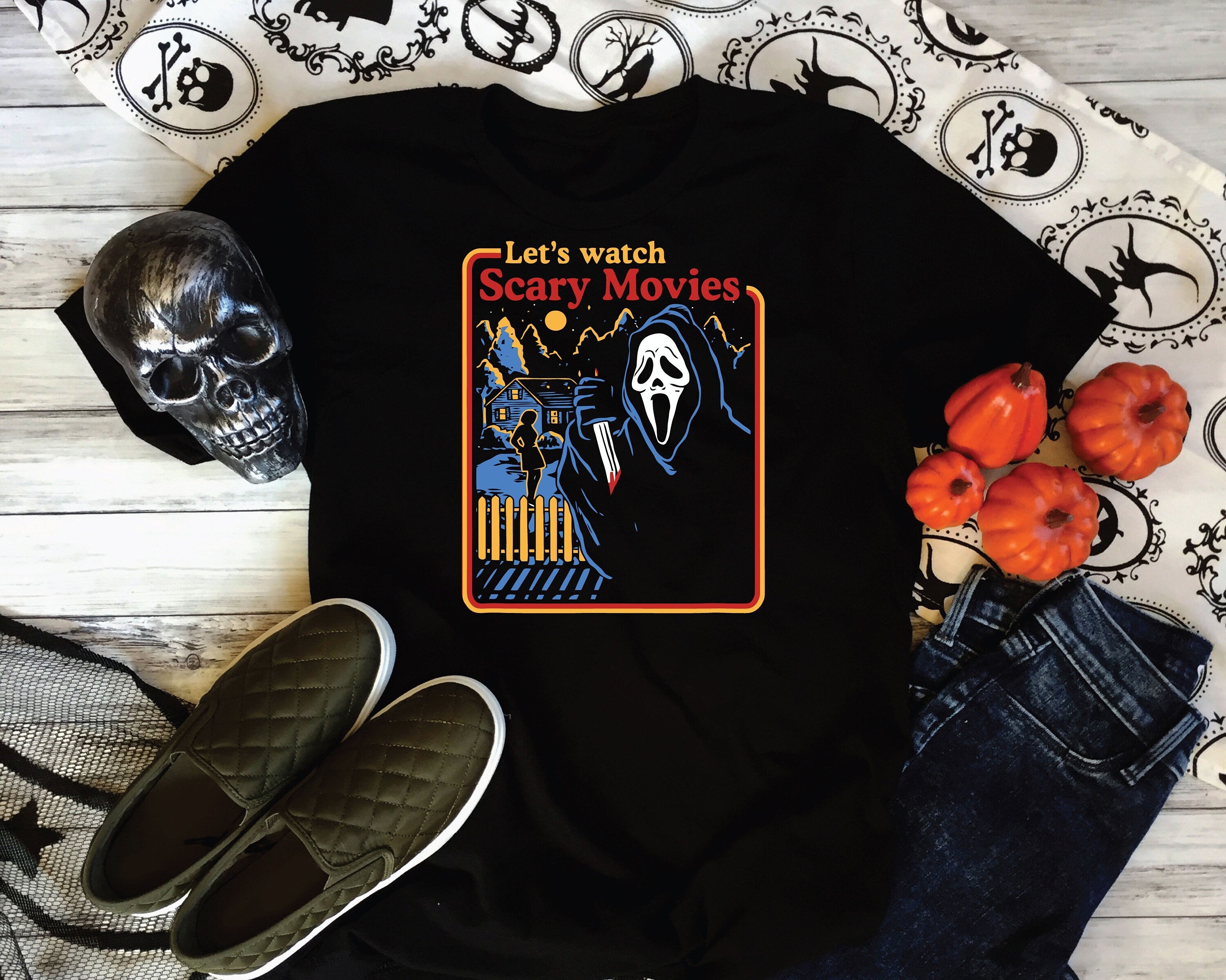 LET’S WATCH SCARY MOVIES Halloween T-Shirt – Horror Costume Tee, Scary Gift for Friend, Scream Movie Shirt, Spooky Vibes