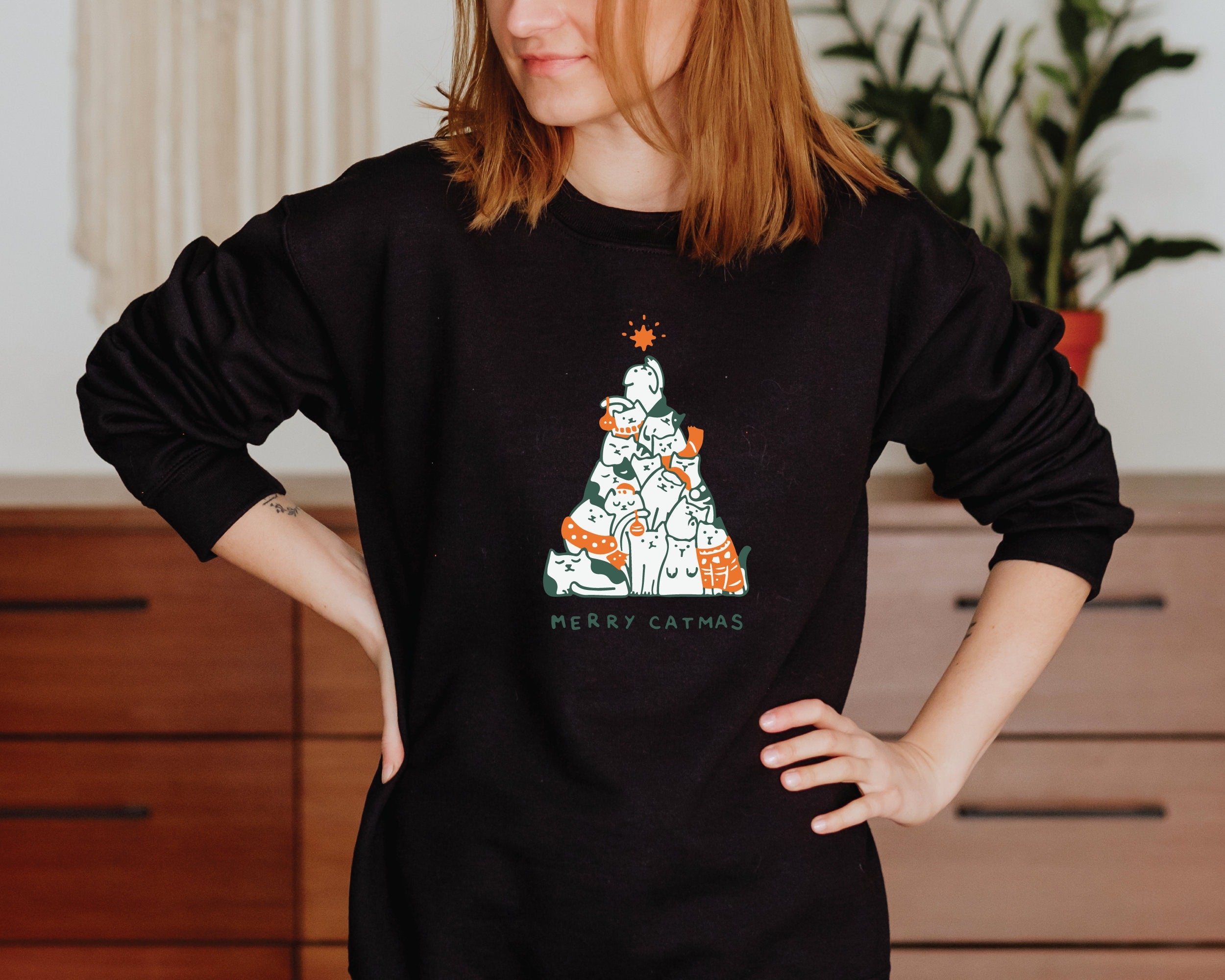 Merry Catmas Christmas Cat Tree Sweatshirt – Funny Family Holiday Jumper, Meowy Christmas Pullover for Cat Lovers-Red-Adult: Small