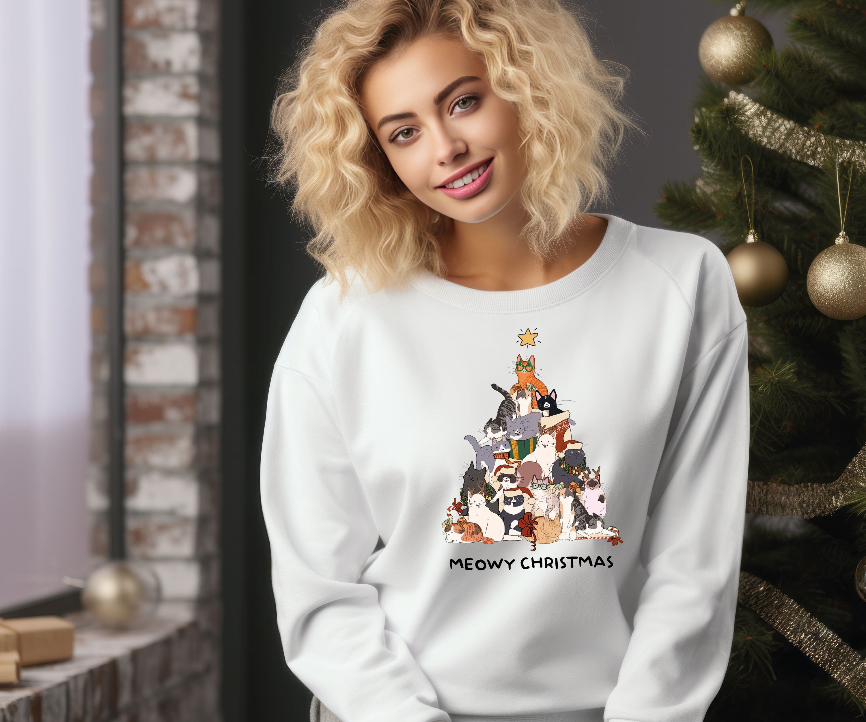 Merry Catmas Christmas Cat Sweatshirt – Funny Family Holiday Jumper, Meowy Christmas Pullover for Cat Lovers