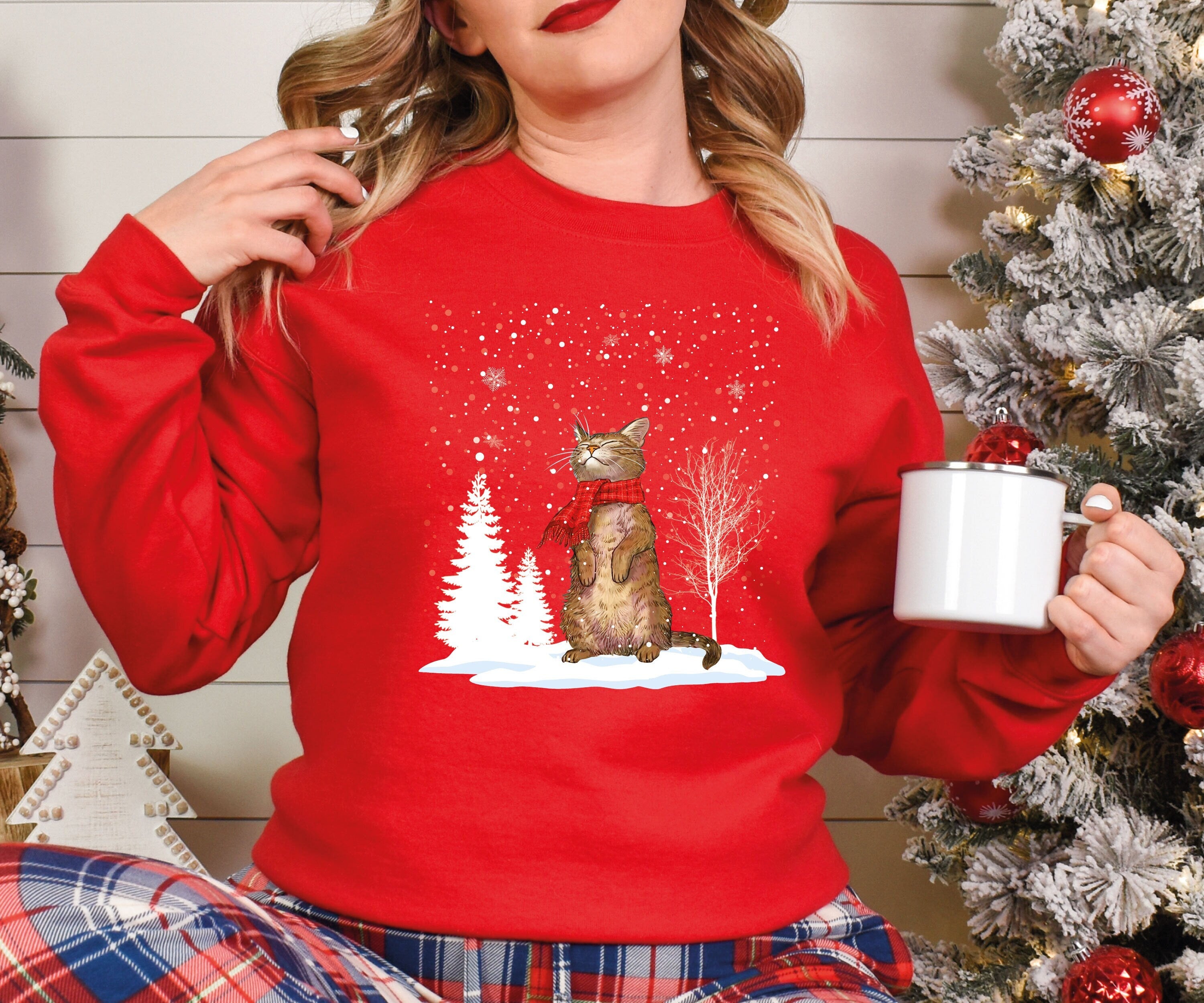 Merry Catmas Christmas Cat Snow Sweatshirt – Funny Family Holiday Jumper, Meowy Christmas Pullover for Cat Lovers