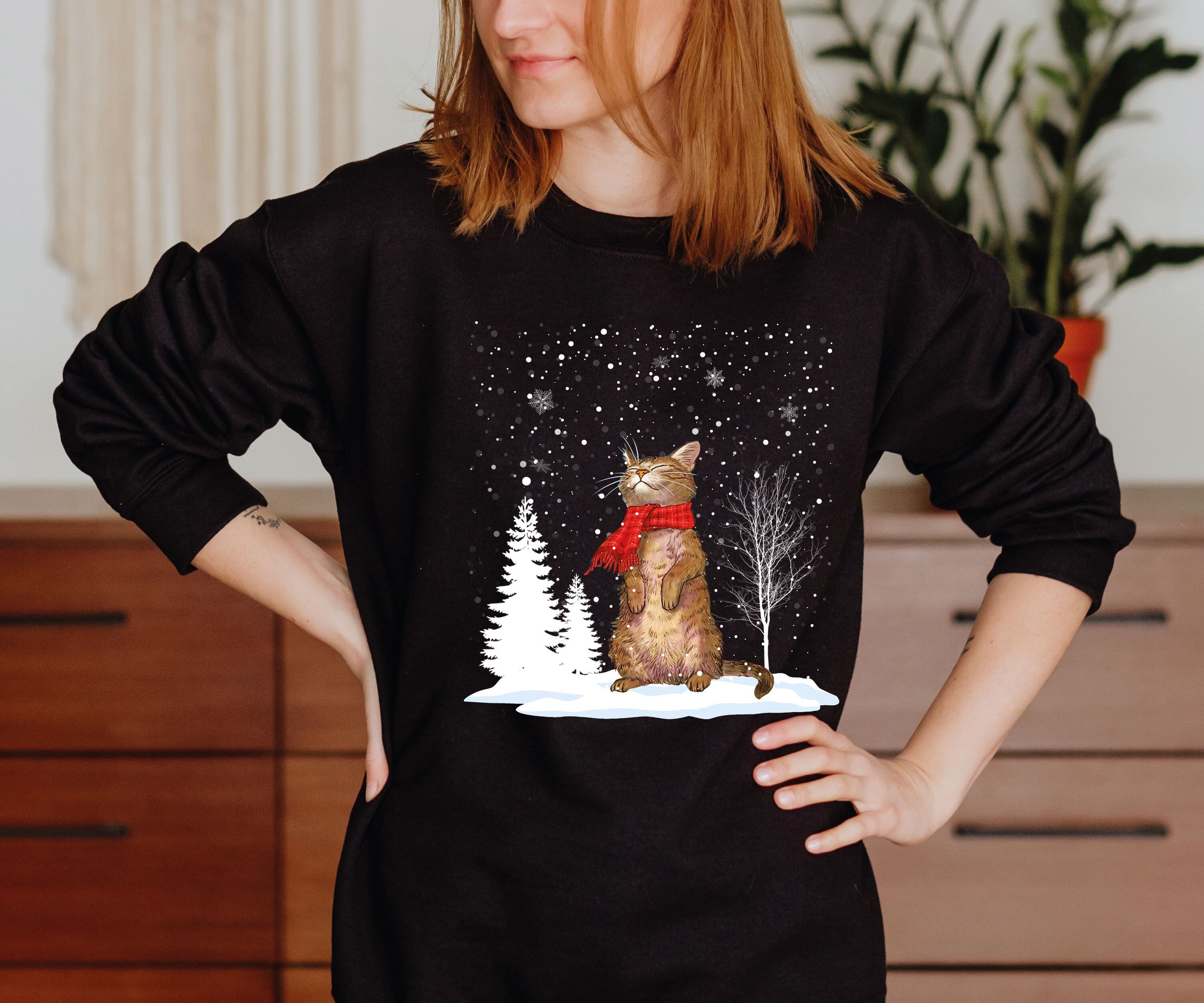 Merry Catmas Christmas Cat Snow Sweatshirt – Funny Family Holiday Jumper, Meowy Christmas Pullover for Cat Lovers