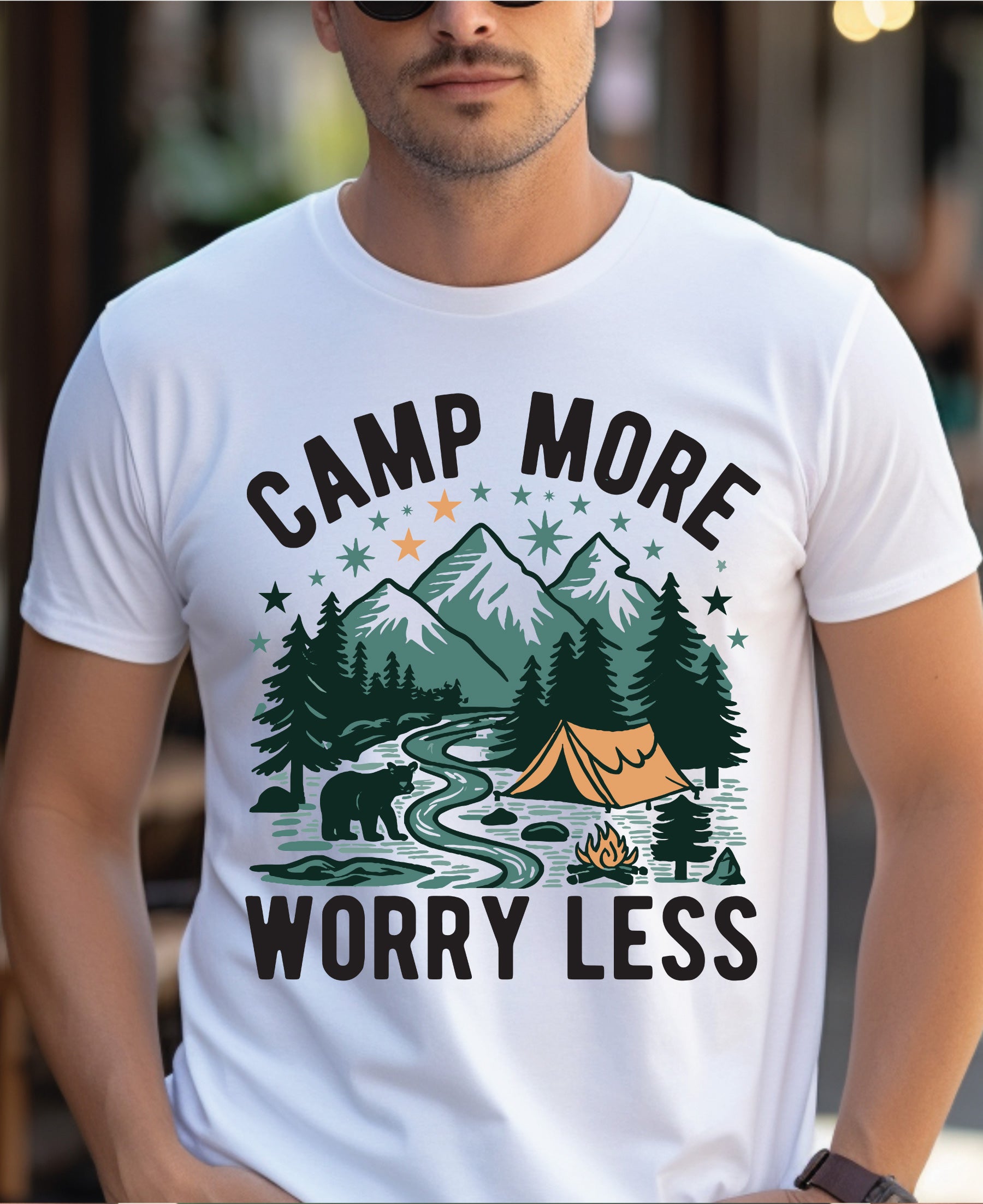 "Camp More Worry Less" Outdoor Enthusiast T-Shirt - Perfect for Hikers, Climbers & Nature Lovers | Unisex Design, Comfortable & Stylish Tee